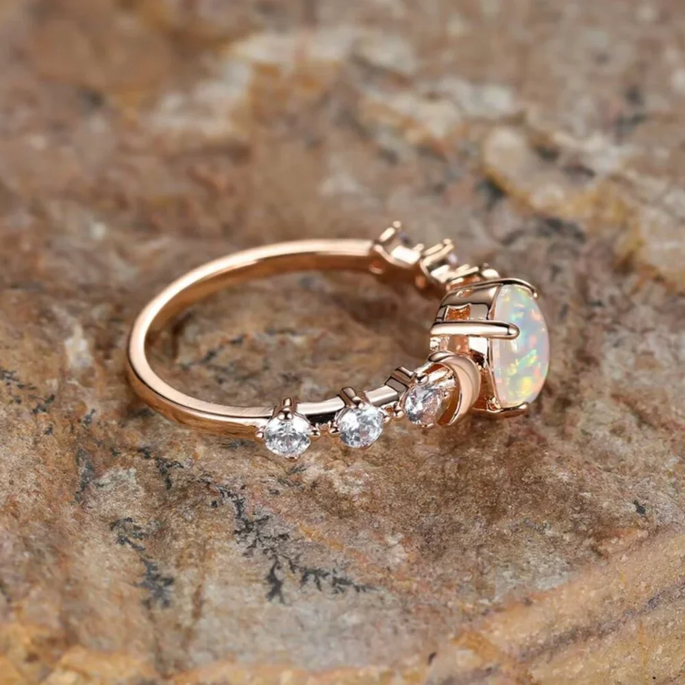 NEW 14k Rose Gold White Opal Diamond Ring Dainty Moon Ring Band